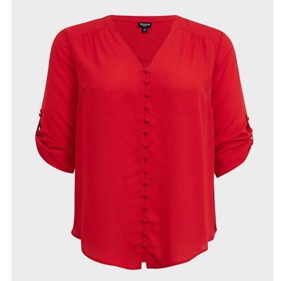 TORRID HARPER - RED GEORGETTE BUTTON-LOOP BLOUSE - Picture 5 of 8